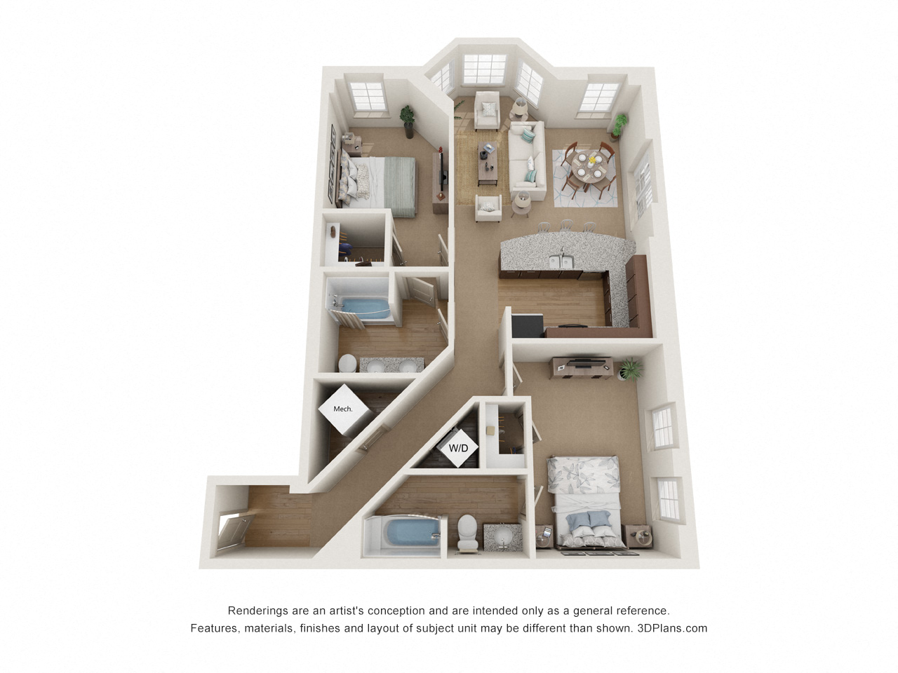 Floor plan for 2 beds, 2 baths, 1127 sqft